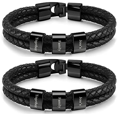 Zysta 2 Stück Personalisierte Herren Armband mit Gravur Lederarmband mit Namen Echtleder Armband Wickelarmband für Männer Vater Sohn Geschenk (3 Namensperlen, Schwarz)
