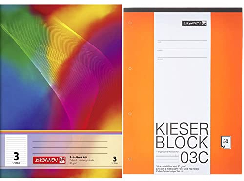 Brunnen 104530302 Schulheft A5 (32 Blatt, liniert, Lineatur 3, Klasse 3) & 1042923 KIESER-Block Lineatur 3 (A4, 50 Blatt, blanko, 80 g/m², Klasse 3)