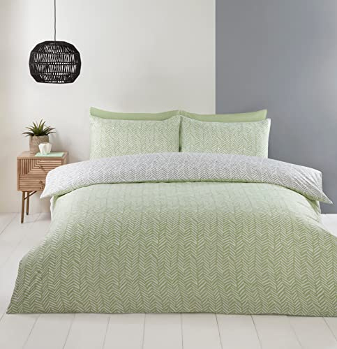 Rapport Home Helston Green & Grey Striped Reversible Duvet Cover Set - Double Size Microfibre Bedding with Pillowcases - Soft, Easy Care & Modern Design