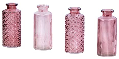 Juego de 4 jarrones de cristal rosa de 14 cm de altura para decoración de mesa de primavera