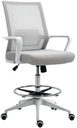 Vinsetto - Silla de oficina con asiento alto ajustable, taburete de oficina giratorio de 360°, color gris y blanco, malla transpirable