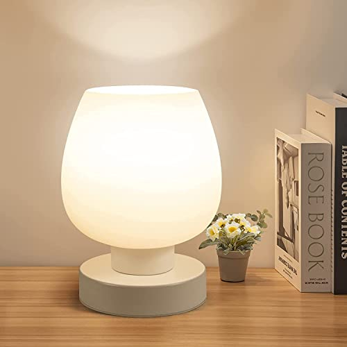 Lightess Lamparas de Mesita de Noche Tactil Regulable, Lampara de Mesa con Pantalla de Cristal Blanco, 3 Temperaturas de Color, Lampara Noche E27 con Enchufe y Bombilla para Dormitorio Salón