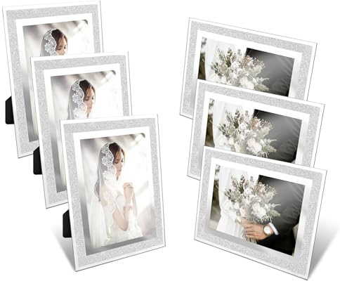 YKUKIZEE 6PCS Glitter Glass Photo Frame 6x4, Crystal Sparkly Picture Frame | for Wedding Photos Display Home Table, Vertically Or Horizontally, Crushed Crystal