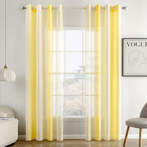 MIULEE Voile Gardinen Gelb-Weiß mit Ösen 2er Set 140x225 cm | Halbtransparenter Voile mit Streifenmuster für Wohnzimmer, Schlafzimmer und kleine Fenster.