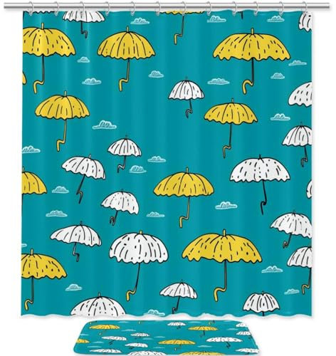 YTYVAGT Juego de cortina de ducha, juegos de baño con cortina de ducha y alfombras, nubes y paraguas, cortina de ducha