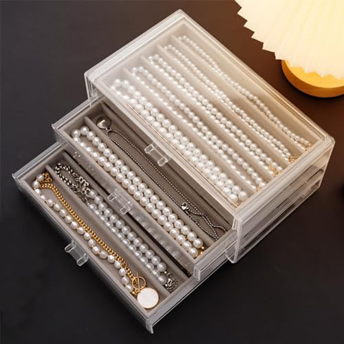 Jinavoty Caja de almacenamiento de collar, caja organizadora de acrílico con bandeja de terciopelo, soporte a prueba de polvo para mujeres y niñas (gris, 3 cajones)