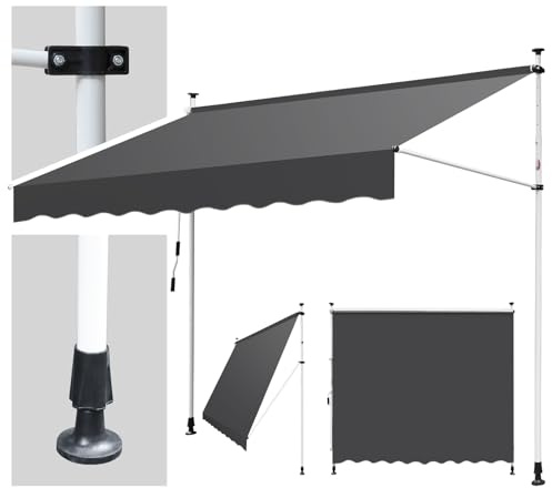 Hebitod Klemmmarkise Balkon ohne Bohren, 350cm breit, Markise mit Handkurbel, Sonnenschutz und wasserabweisend, höhenverstellbar Balkonmarkise, für Terrasse Balkon, einfache Montage, Grau