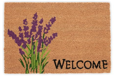 Relaxdays Welcome Doormat, Non-Slip, Lavender Print, Indoor & Outdoor, Coir Dirt Trap, 1.5 x 60 x 40 cm, Multicoloured, Coco