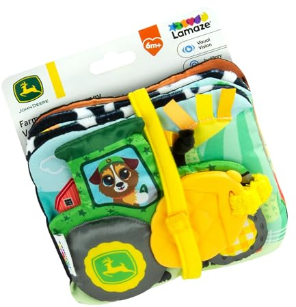 Lamaze John Deere gård till bordsresa | Mjuk utfällbar babybok med färgglada och svarta och vita paneler, skrynkliga ljud, pipare, band, bitring | sensoriska leksaker för spädbarn från 6+ månader