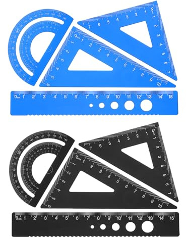 PATIKIL Set di Squadra Triangolare, Righello Metrico da 15cm in Alluminio, Squadra Triangolare 45°60° e Goniometro, 8Pz, Blu/Nero