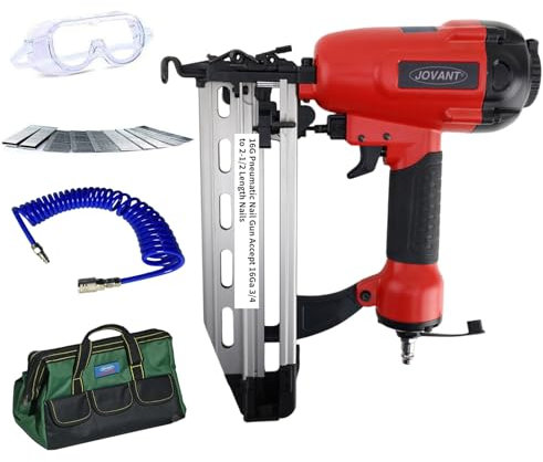 Pnumatic Finish Nailer,16Gauge Nail Gun Acepts 3/4 Inch up to 2-1/2 Inch Finish Nails.Brad Nailer Gun Can Hit Hardwood Ideal for Upholstery (Include 6m Air Tube & Portable Bag)