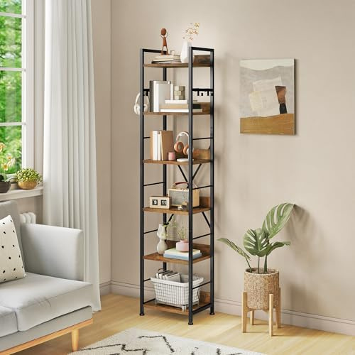 YITAHOME Bücherregal mit 6 Ebenen, Industrielles Standregal, Metallrahmen und Holzregale, Hohes Lagerregal mit 4 Haken, Präsentationsorganizer, für Wohnzimmer, Heimbüro, Vintagebraun Regal