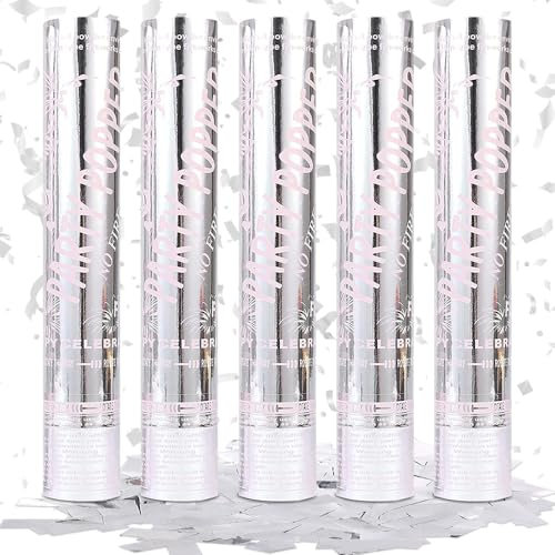 XEERUN 5PCS Confetti Cannon Silver, 30cm Biodegradable Confetti Cannons, Party Poppers Silvercolor Confetti, Large Confetti Cannons for Weddings, Birthday, Anniversary, Graduation, New Year (Silver)