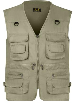 LBL Men's Utility Fishing Vest Lightweight Outdoor Work Safari Travel Photo Multi Pockets Waistcoat Jacket JW612 Dark Khaki L