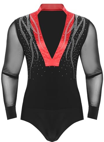 CHICTRY Justaucorps Gymnastique Col en V Profond Homme Maillot de Danse Latine Salsa Chacha Samba Chemise Body Danse Ballet à Manches Longues Rouge M