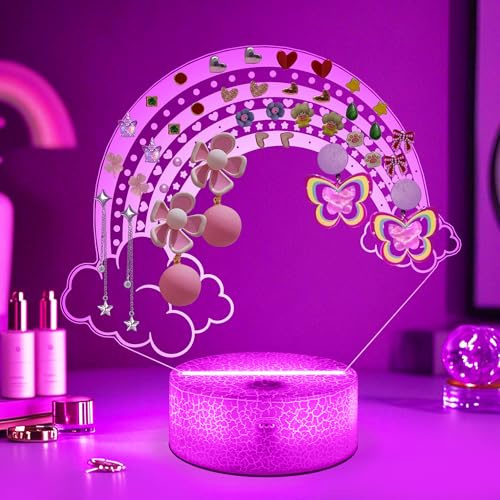 CoolGift Mart Rainbow Cloud 3D Glowing Desktop Earring Organizer – 16-Color LED Display with 53 Holes & Smart Mood Lighting with Timer & Whimsical Sky Art