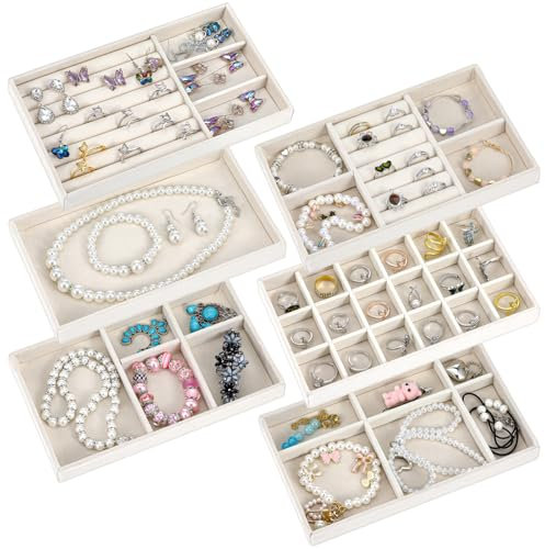 6 Stück Schmucktablett,Samt Schmuckaufbewahrung Schublade,Schmuck Organizer Schublade,Stapelbar Schmuck Organizers,Schubladeneinsatz für Ohrringe Ring Armband Broschen Aufbewahren Präsentieren(Beige)