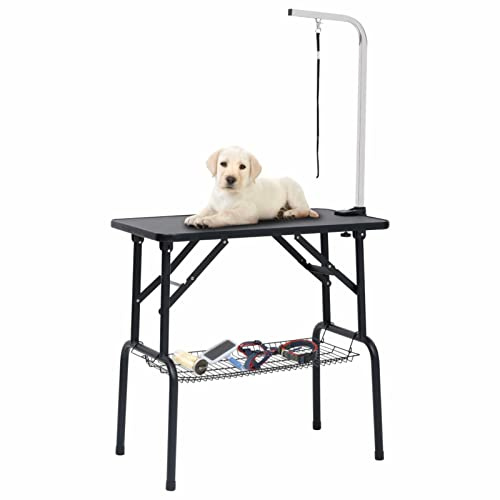 Gecheer Hunde-Schertisch, verstellbar mit Rutschfester Tischplatte und Edelstahl-Galgen, 81 x 48,5 x 80 cm, für Hundepflege zu Hause