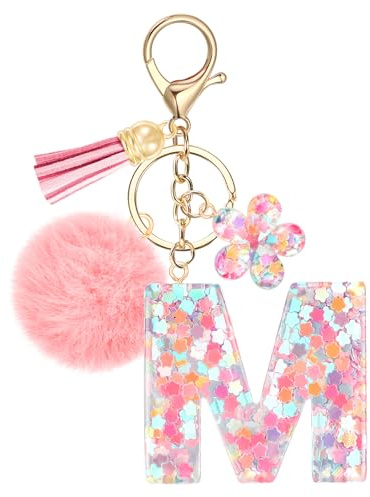 JSRQT Niedlicher Rosa Schlüsselanhänger Buchstaben, Namens Alphabet Harz Schlüsselanhänger Blumen Pailletten mit Pompons, Taschenanhänger Key Chain