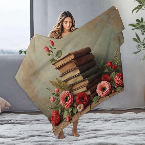 Manta de franela para cachorros, diseño vintage de libros y flores florecientes, cobija para bebé (150 x 200 cm)
