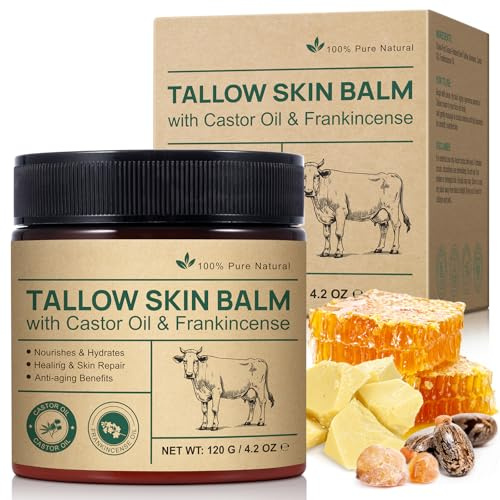 Tallow Castor Oil Frankincense Oil Balm, Natural Grass-Fed Beef Tallow for Skin Care, Deeply Nourishing & Hydration, Moisturizer for Face & Body, Beef Tallow, Tallow and Honey Balm