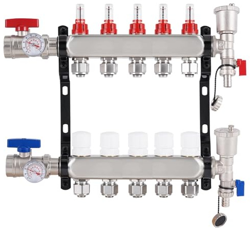 YUCHENGTECH Collettore Riscaldamento a Pavimento in Acciaio Inossidabile a 5 Circuiti con Eurocone 3/4 (16 x 2 mm), Distributore Circuito Riscaldamento Kit Collettore PEX con Flussometro e Valvole