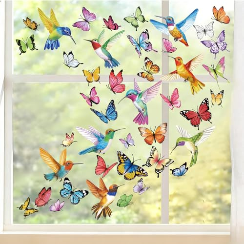 wondever Stickers Fenetre Colorés Papillons Volants Autocollant Fenêtre Papillons Colibris Oiseaux Electrostatique Anti-Collision Décoration pour Printemps Été Vitre Stickers