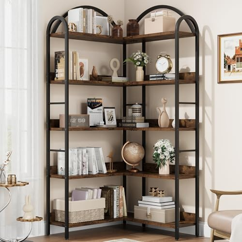 AffinityFurn Bookcase 5 Tiers Corner Bookshelf, 174cm Tall L Shaped Bookshelf with Metal Frame, Corner Shelf Display Storage Rack, Large Corner Etagere Bookcase for Living Room Home Office