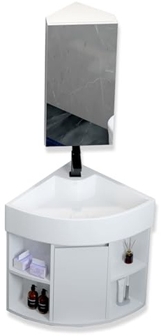 Fregadero compacto para invitados con armario debajo del fregadero, juego de muebles de baño para espacios pequeños, incluye grifo negro, armario con espejo y accesorios, ideal para apartamentos