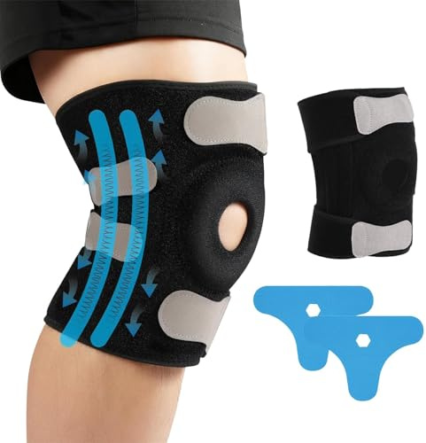 Rbleote Knee Support,Verstellbare Knieorthese mit 4 Riemen und 4 federn,Bandage Knie, Lindert Meniskusrisse, Knieschmerzen-Kniebandage Männer und Damen-Kommt mit 2 Kinesiotapes für Knöchel