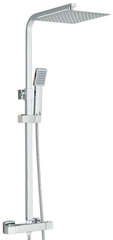 Thermostat Regendusche Komplettset Chrom Edelstahl Duscharmatur mit 25cm Überkopfbrause Höhenverstellbare Duschstange 6 Strahlarten Handbrause mit halterung Thermostat Duschsystem