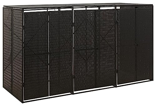 Mokuyary Abri pour Poubelle Triple Noir 207x80x117 cm Résine tressée, Abri de Jardin Cache pour poubelles, Conteneur d'extérieur Coffre de Rangement