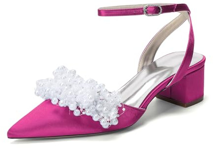 Escarpins en Satin Perlé pour Femmes, Bout Pointu, Talon Bloc, Bride Arrière, Chaussures De Fête, Mariage Et Cérémonie,Fuchsia,36 EU