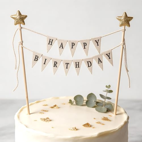 Gold Stars Happy Birthday Cake Topper for Celebrations | Fabric banner, wooden stick, birthday cake decoration, easy to assemble, reusable for birthday party