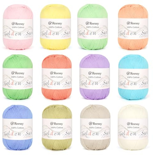 Reessy 100% Cotton Yarn, 12 color of 540g Cotton Yarn for Crochet & knitting, 8-ply Cotton DK Yarn Set-Suitable for Exquisite Colorful Crafts, Multicolor Yarn Starter Kit for Beginner&Crocheter-Pastel