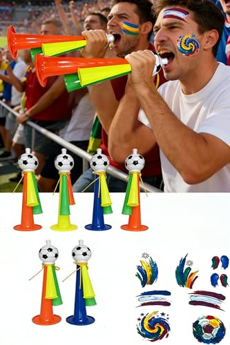 HHUXIUE Fußball-Fan-Horn mit Umhängeband – lauter Stadiongeräuschmacher für Sportspiele, Heckklappenpartys und Jubeln (kostenlose Fußball-Gesichtstattoos) (6 Stück, groß)