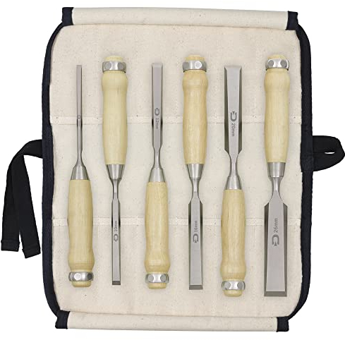 DICTUM® 6er Stemmeisen Set | Stechbeitel Set für Holzarbeiten, Meißeln, Formen | Griffe aus Deutscher Weißbuche | Chrom-Vanadium-Stahlklingen mit Hohem Kohlenstoffgehalt | inkl. Baumwoll-Rolltasche