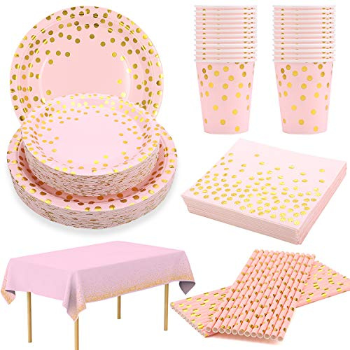 Einwegteller, Rosa und Gold, Pappteller, Rosa, Servietten, Becher, Strohhalm, Tischdecke, Party, 1. 13. Geburtstag, Babyparty, Mädchen, Verlobung, Hochzeit, Brautdusche, Gold, Einweggeschirr, Rosa