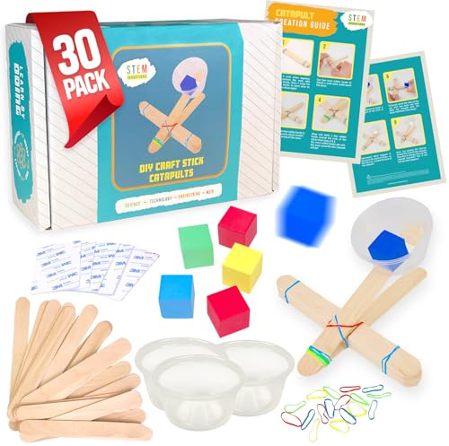 STEM Inventions Catapults Kit – Supplies to Build 30 Mini Toy Catapults - Complete Bulk STEM Project Kit for Kids and Classrooms, Ages 8 and up