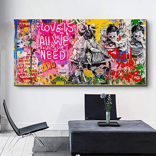 CHMIJ Druck auf Leinwand Liebe ist Alles was wir brauchen Banksy Poster und Drucke Graffiti Kunst Bild für Wohnzimmer Home Wanddekoration 80x160cm Rahmenlos
