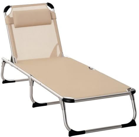 Outsunny Foldable Outdoor Sun Lounger, Reclining Lounge Chair Camping Bed Cot with Pillow 4-Level Adjustable Back Aluminium Frame, Khaki