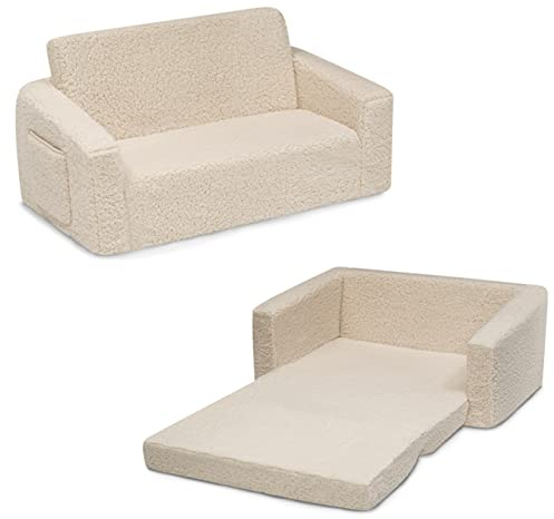 Delta Children Cozee Flip-Out Sherpa 2-in-1 Convertible Sofa to Lounger for Kids, Cream