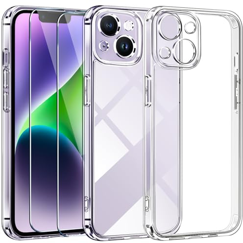 ivoler 3 in 1 Hülle für iPhone 14 6.1 Zoll [Nie Vergilbung], 1 Handyhülle mit 2 Stück Panzer Schutz Glas, [Militärischer Schutz] [Kameraschutz] Dünn Transparent Stoßfest Schutzhülle Kratzfest Case