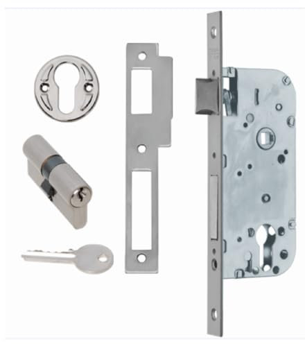 Cerradura embutir mono punto con orificio de entrada de 50mm distancia entre cuadradillos de 70mm, canto cuadrado, bombillo con 3 llaves de serreta incluidas color NIQUEL SATINADO