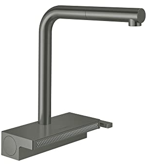 hansgrohe Aquno Select Black Einhand-Küchenarmatur, Küchenarmaturen mit herausziehbarem Sprüher, Wasserhahn für Küchenspüle, magnetischer Docking-Sprühkopf, gebürstetes schwarzes Chrom 73836341