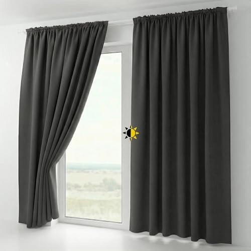 BEAUTEX 2er Set Kräuselband Verdunkelungsvorhang mit U-Band, Gardinen abdunkelnd und Blickdicht (B=140 cm, H=225 cm, Dunkelgrau)