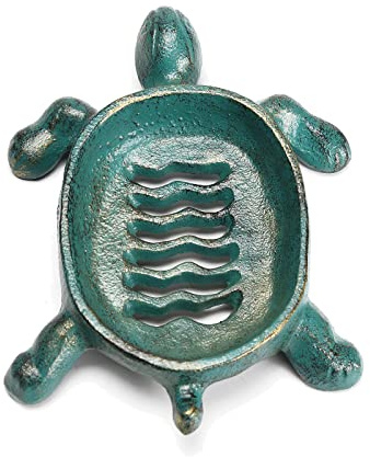 STCREE Seifenschale mit grüner Schildkröte, abtropfbar, Gusseisen, Antik-Vintage-Seifenschale für Küche, Badezimmer, Heimdekoration TQGJST93