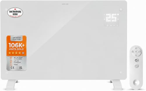 Devola 2500W Smart Electric Glass Panel Heater Wall Mounted & Freestanding | Wifi Enabled, Works With Alexa & Google Home, Timer Function, LOT 20 Compliant, Energy Efficient Heater (White)