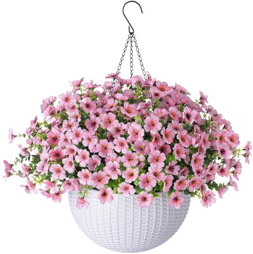 HyeFlora Artificial Hanging Flowers Plants with Basket, Fake Silk Pink Daisy with Eucalyptus Leaves in Pot Planter for Outdoor Porch Patio Indoor Garden Yard Home Decoration