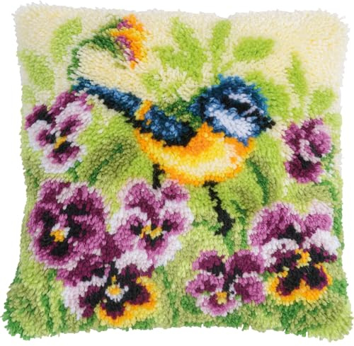 VERVACO Knüpfkissen Set Deko Kissenbezug Knüpfset für Anfänger BLAUMEISE Basteln Erwachsene Kreativ DIY Handarbeit Kissen zum Selber Knüpfe 40 x 40 cm Latch Hook Kit Knüpfhaken Set Kissen